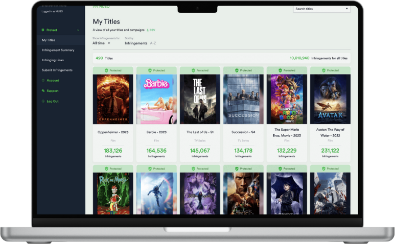 MUSO Protect anti-piracy software dashboard on a laptop, showing protected films and TV shows
